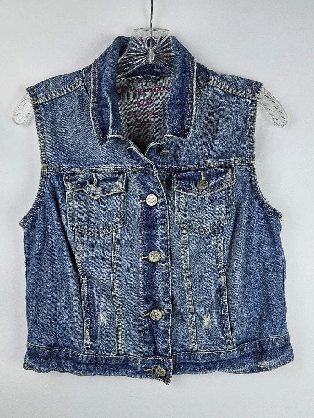 Aeropostale Y2K Cropped Denim Jean Vest Lightly Distressed Women's Lg Festival